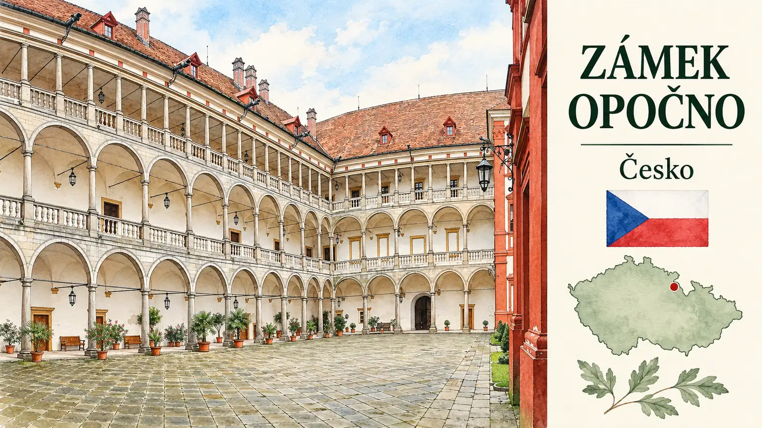 AI grafika podle fotografie: Zámek Opočno, Opočno, Královéhradecký kraj, česká vlajka a orientační mapa Česka