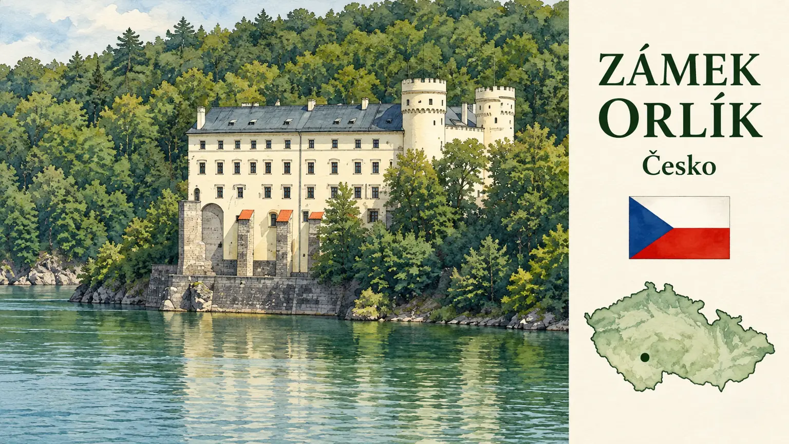 AI grafika podle fotografie: Zámek Orlík, Orlík nad Vltavou, Jihočeský kraj, česká vlajka a orientační mapa Česka