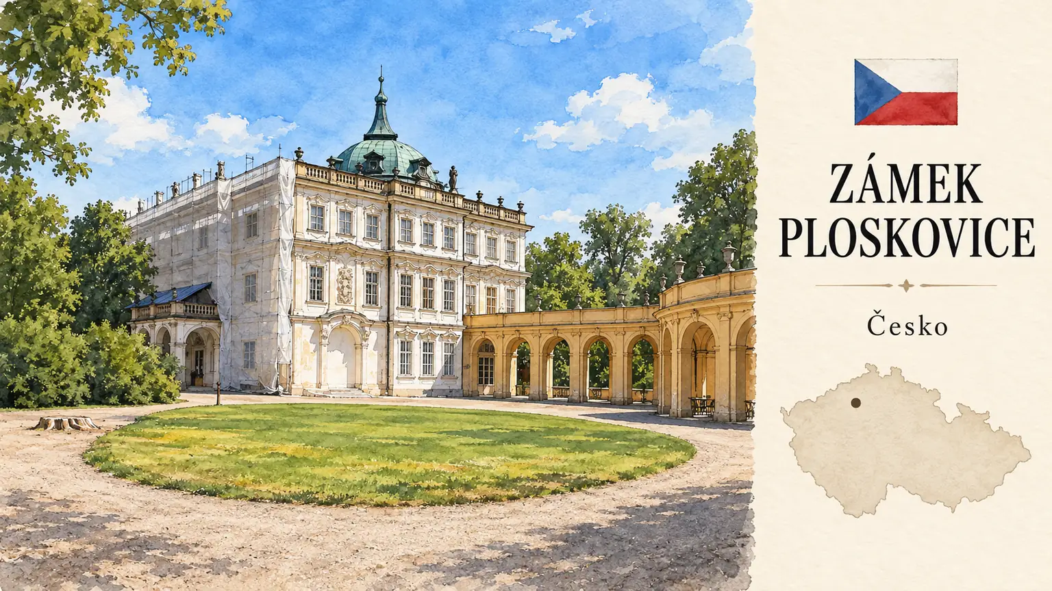AI grafika podle fotografie: Zámek Ploskovice, Ploskovice, Ústecký kraj, česká vlajka a orientační mapa Česka