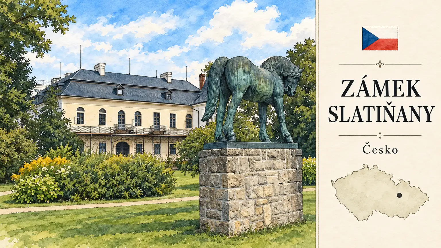 AI grafika podle fotografie: Zámek Slatiňany, Slatiňany, Pardubický kraj, česká vlajka a orientační mapa Česka