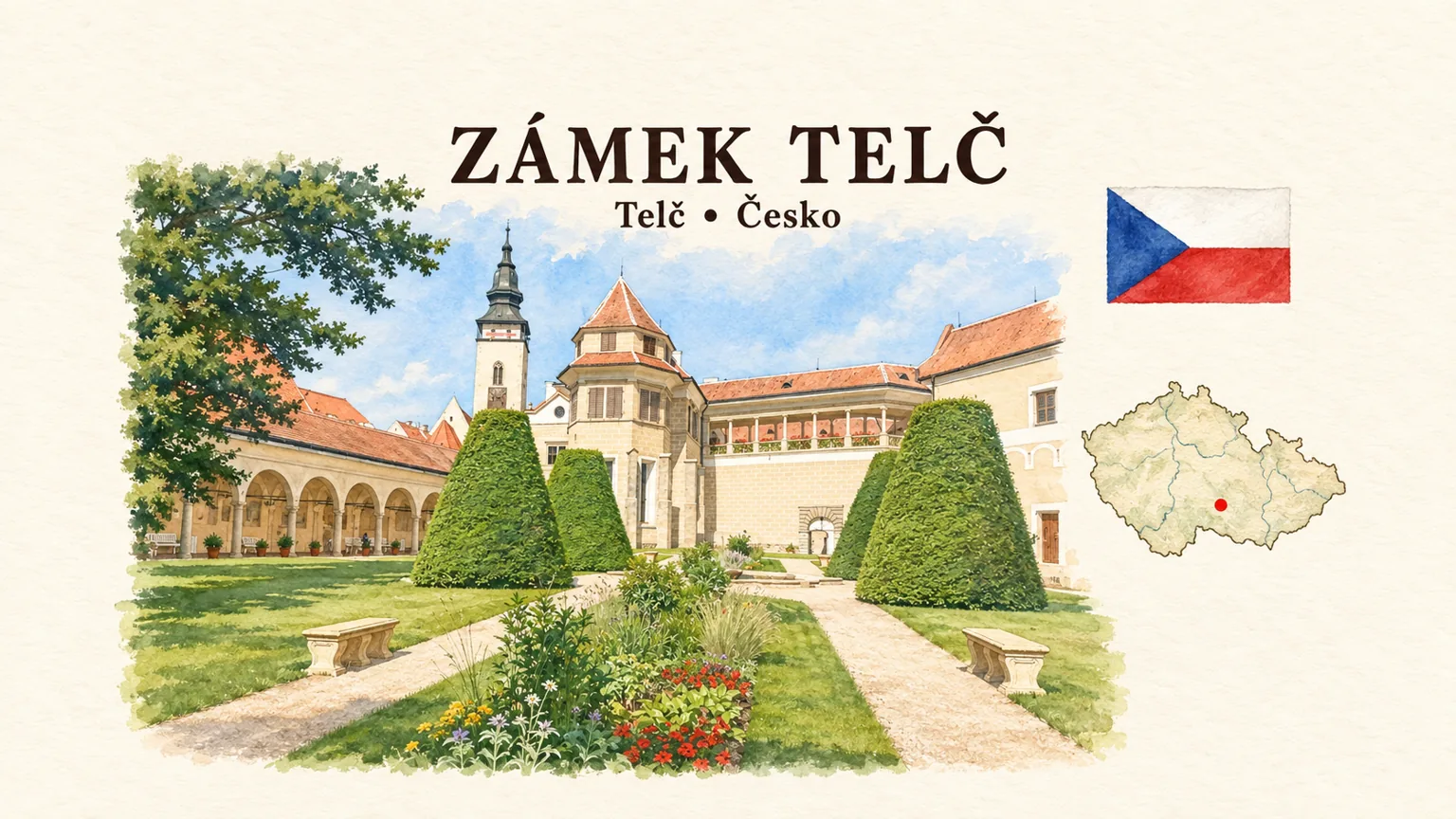 AI grafika podle fotografie: Zámek Telč, Telč, vlajka a orientační mapa země Česko