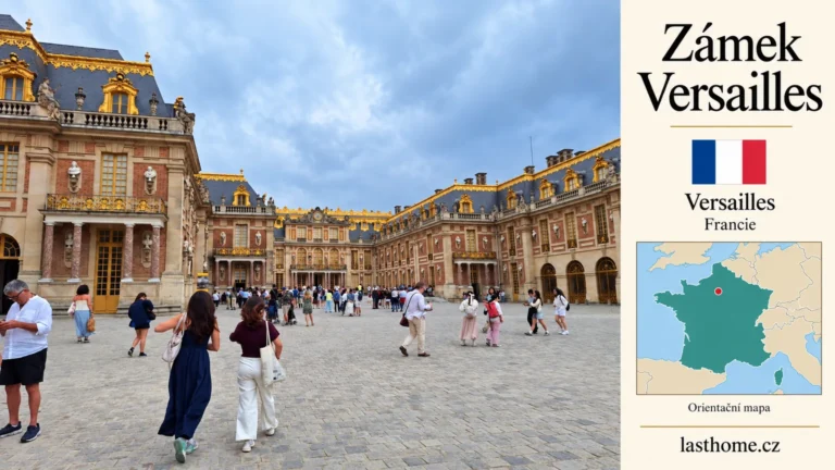 AI grafika podle fotografie: Zámek Versailles, Versailles, s vlajkou a orientační mapou.