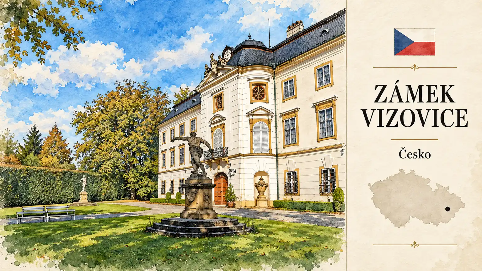 AI grafika podle fotografie: Zámek Vizovice, Vizovice, Zlínský kraj, česká vlajka a orientační mapa Česka