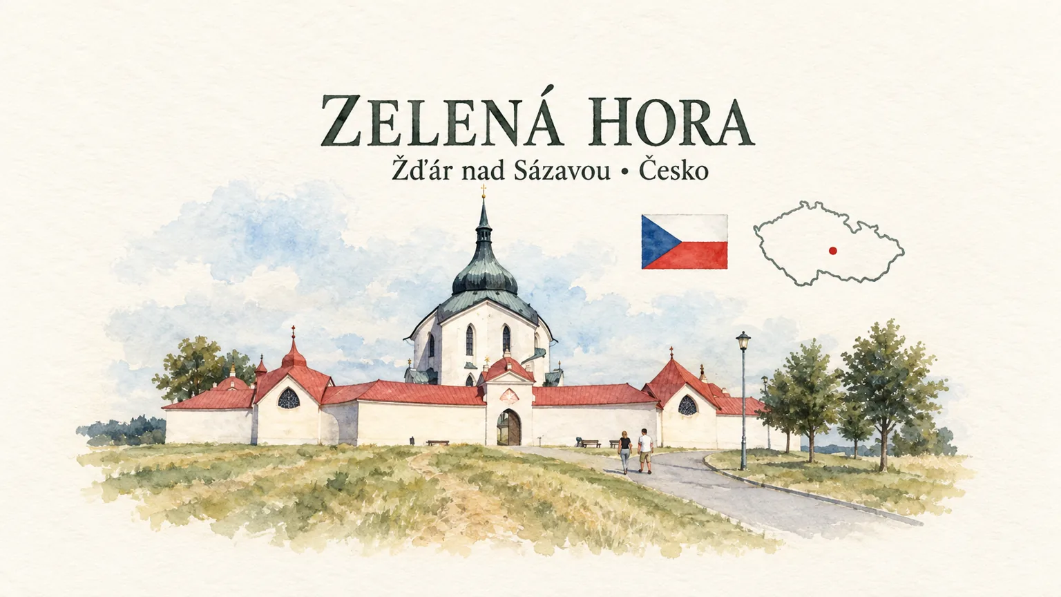AI grafika podle fotografie: Zelená hora – kostel sv. Jana Nepomuckého, Žďár nad Sázavou, vlajka a orientační mapa země Česko
