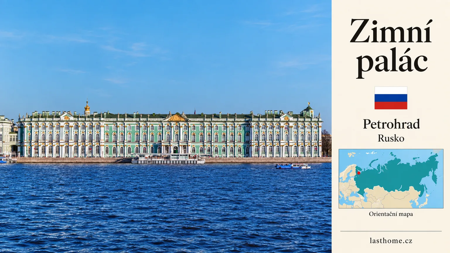 AI grafika podle fotografie: Zimní palác, Petrohrad, s vlajkou a orientační mapou.