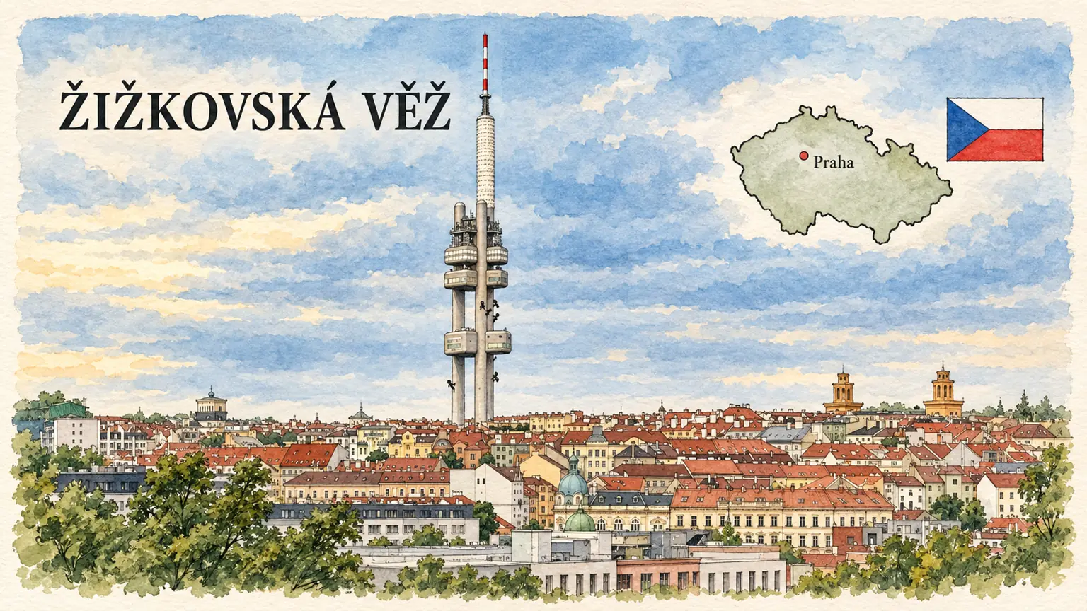 AI grafika podle fotografie: Žižkovská televizní věž, Praha, vlajka a orientační mapa země Česko