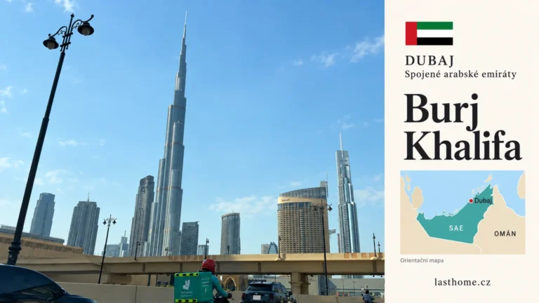 Grafika podle fotografie Burj Khalify v Dubaji s vlajkou SAE a orientační mapou polohy města.