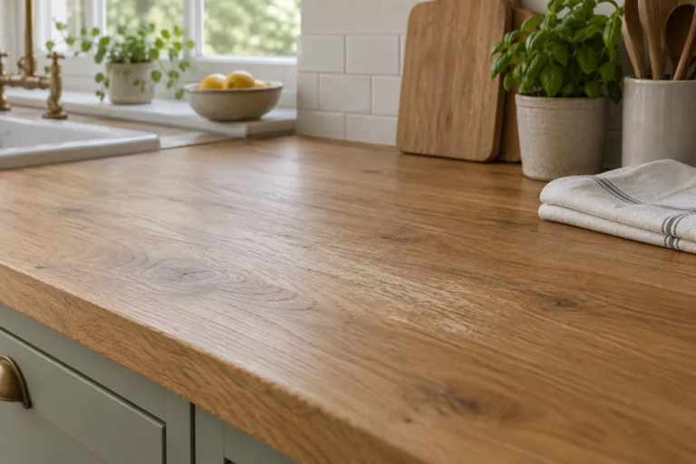 Dřevěná pracovní plocha se sušším místem – AI ilustrace, nikoli fotografie desky IKEA KARLBY.