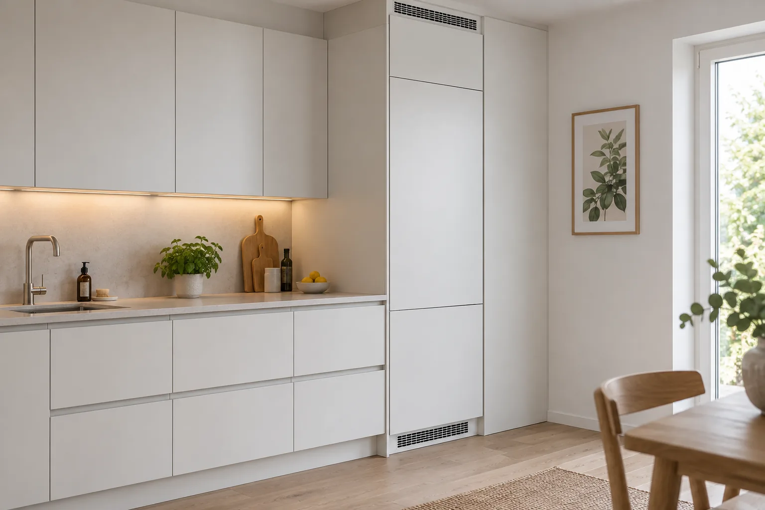 AI ilustrace vysoké kuchyňské skříně s dolní a horní větrací mřížkou; nejde o montážní výkres IKEA METOD
