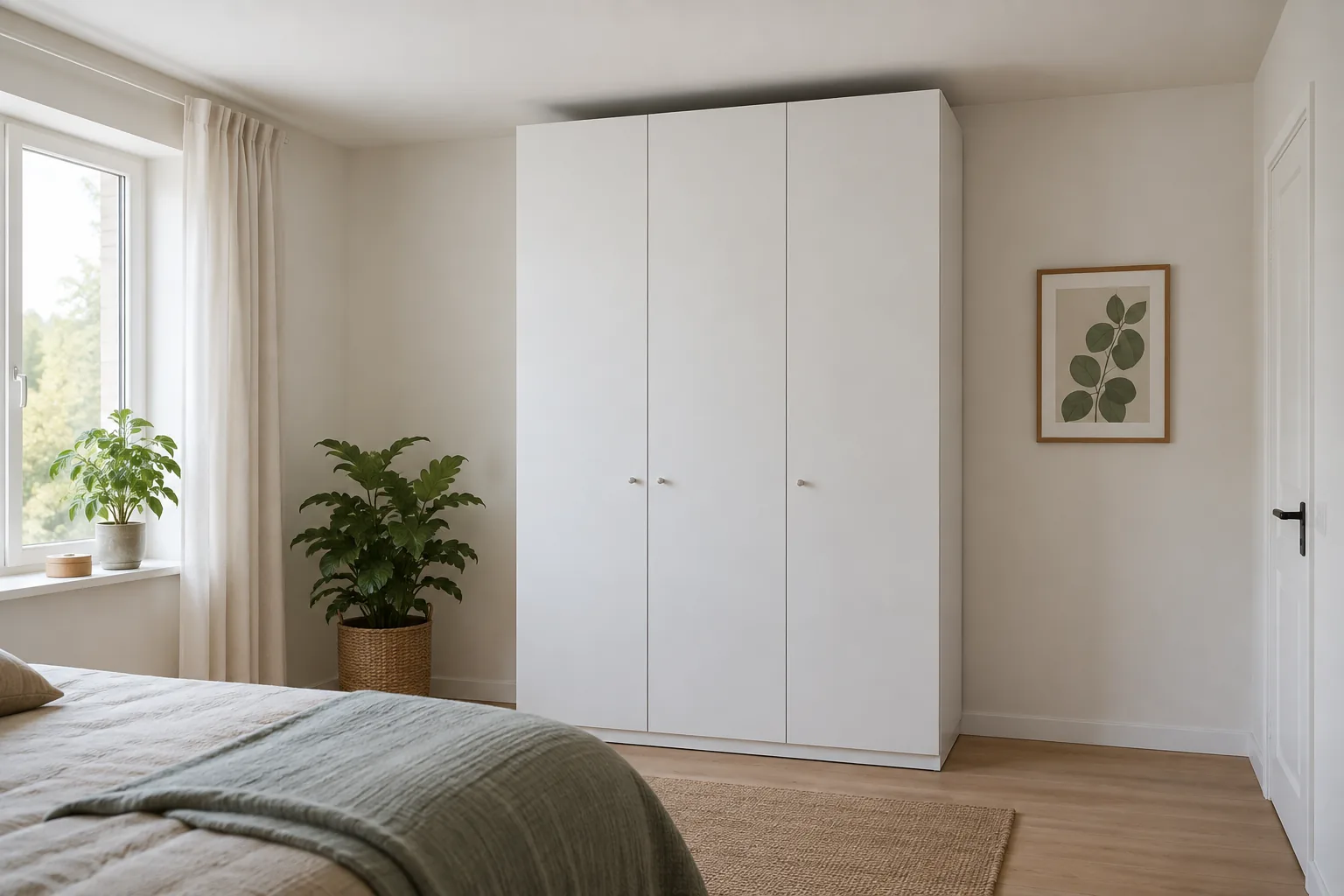Vysoká bílá skříň s mezerou pod stropem, AI ilustrace měření prostoru; nejde o fotografii výrobku IKEA.