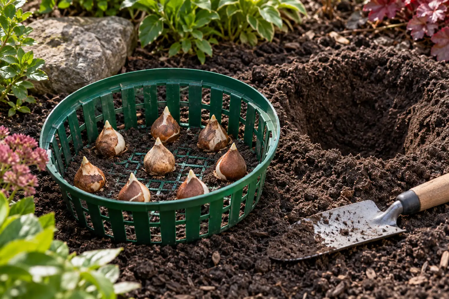 Otevřený zelený výsadbový košík s cibulemi tulipánů vedle připravené jámy