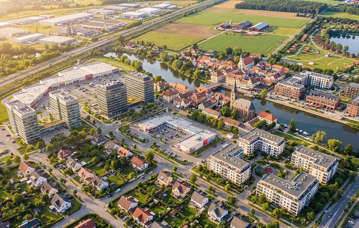 Letecký pohled na obytnou a průmyslovou zástavbu