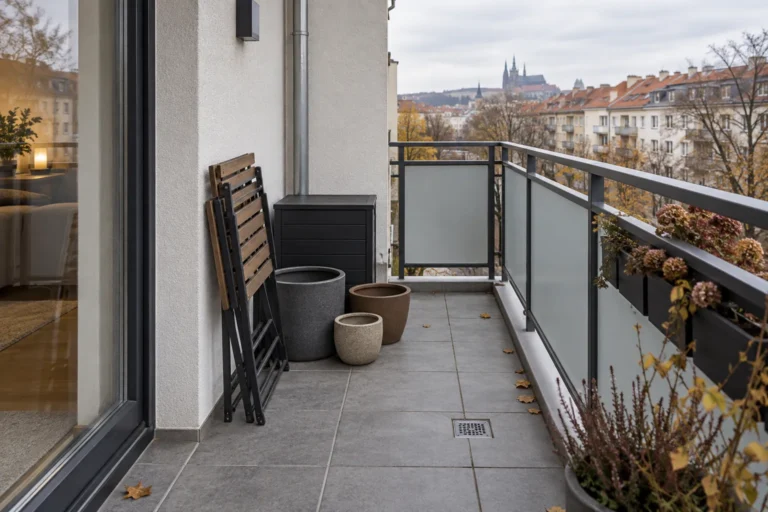 AI ilustrace: Uklizený balkon s prázdnými nádobami a složeným nábytkem před zimou