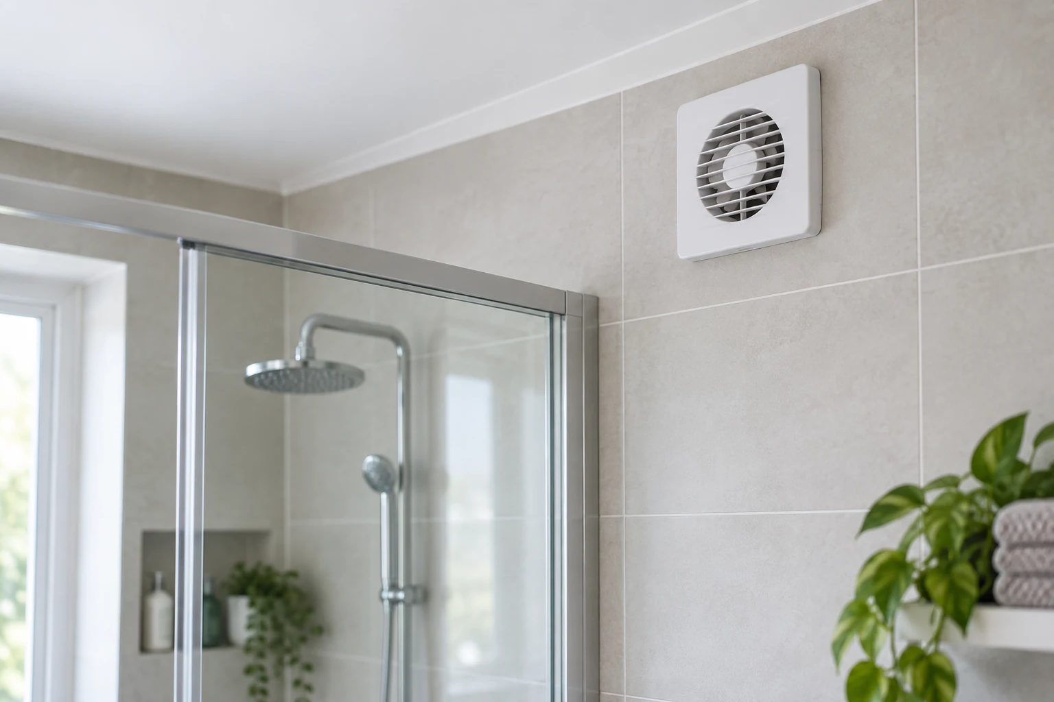 AI ilustrace: Odsávací ventilátor vysoko na obložené stěně koupelny