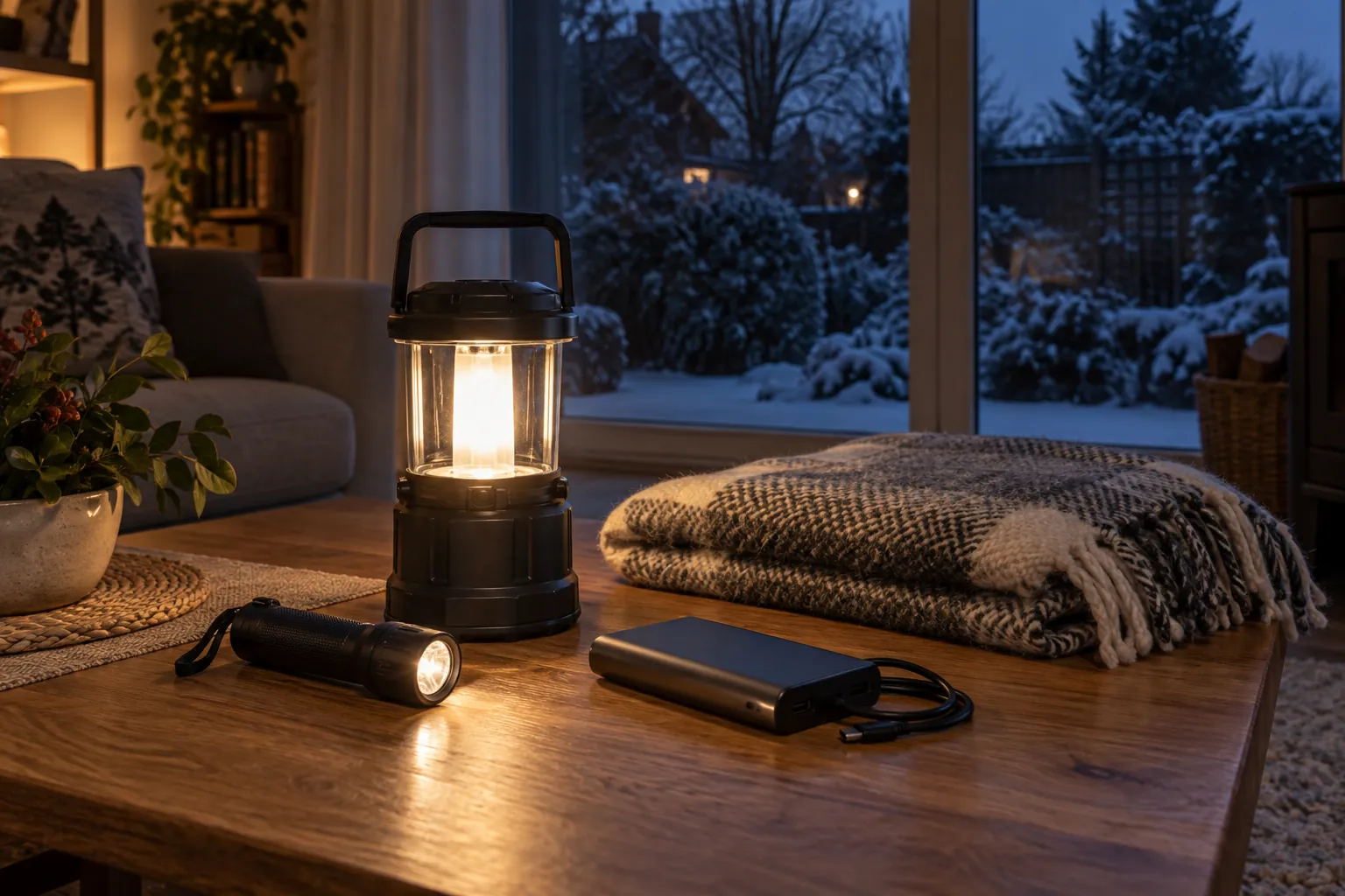 Ilustrační nouzová výbava domácnosti: LED svítilny, powerbanka a deka