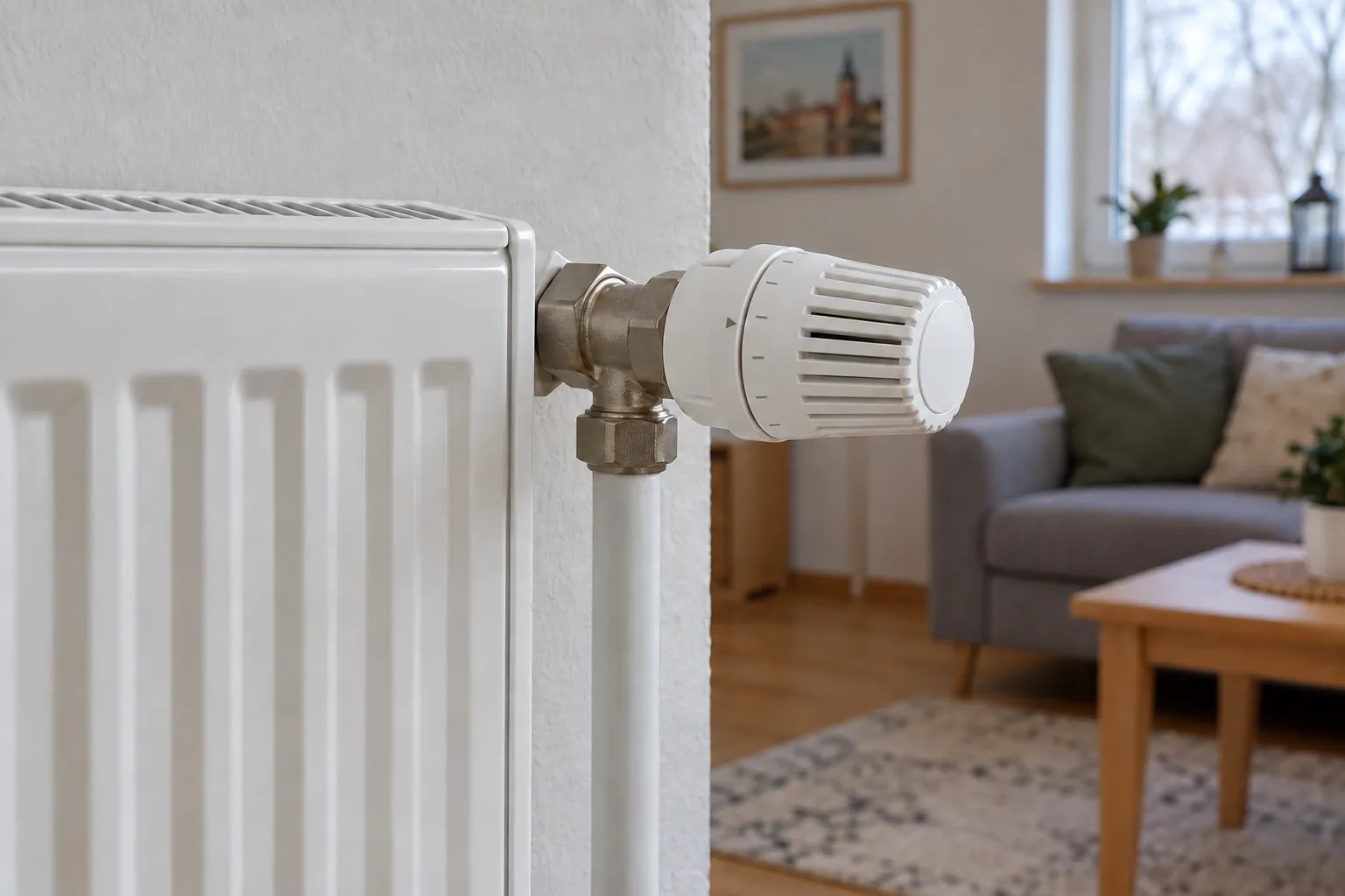Mechanická termostatická hlavice na ventilu radiátoru v obytné místnosti