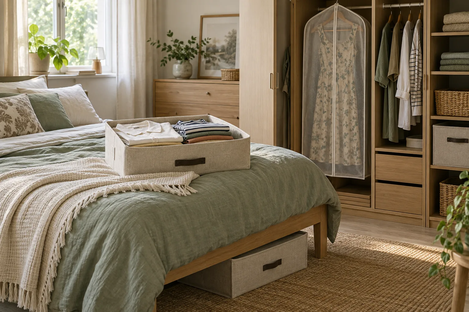 Složené letní oblečení v textilním boxu, šaty v ochranném obalu a úložný box pod postelí.