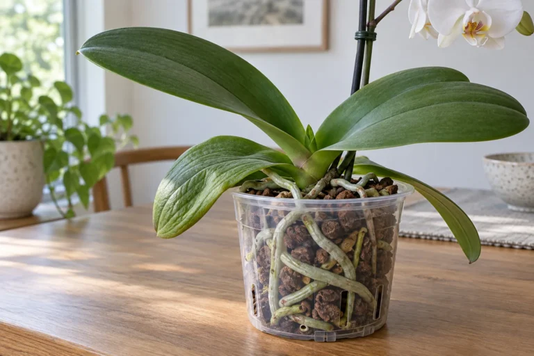 Phalaenopsis v průhledném květináči s kůrou a mírně svraštělým spodním listem, AI ilustrace.