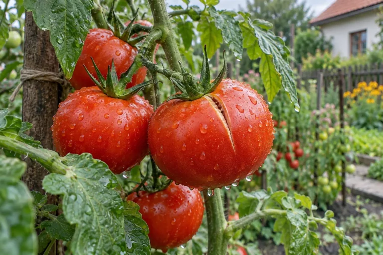 Červené rajče s prasklinou od stopky na rostlině po dešti