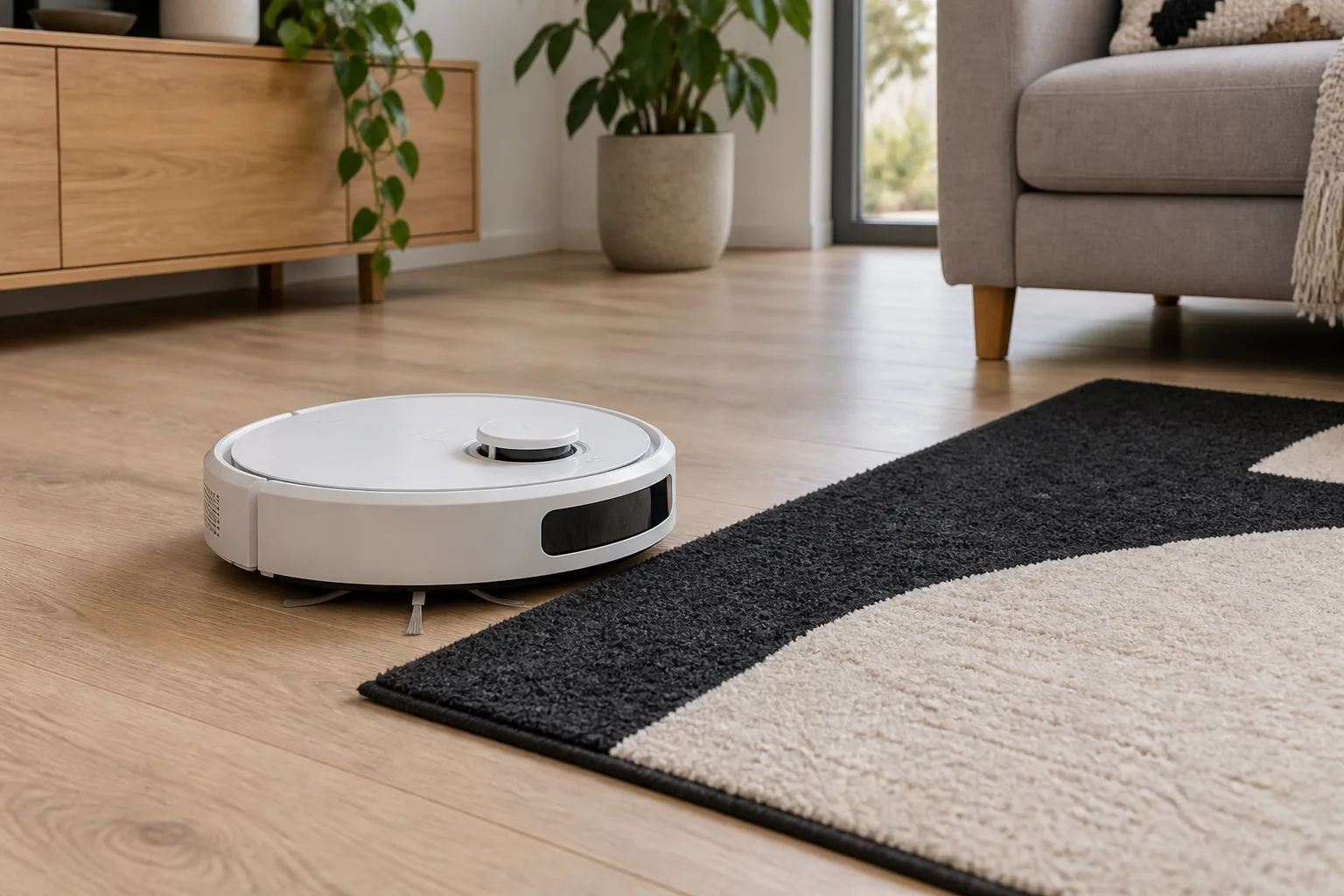 Bílý robotický vysavač před kobercem s černými a světlými plochami