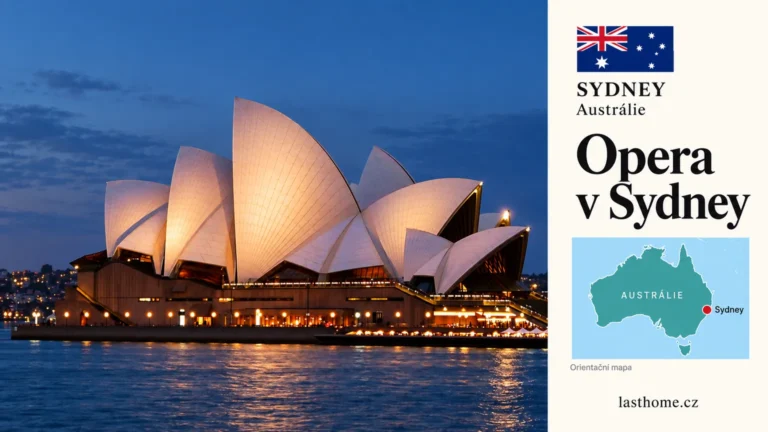 Grafika podle fotografie: Opera v Sydney, Sydney, s vlajkou a orientační mapou.