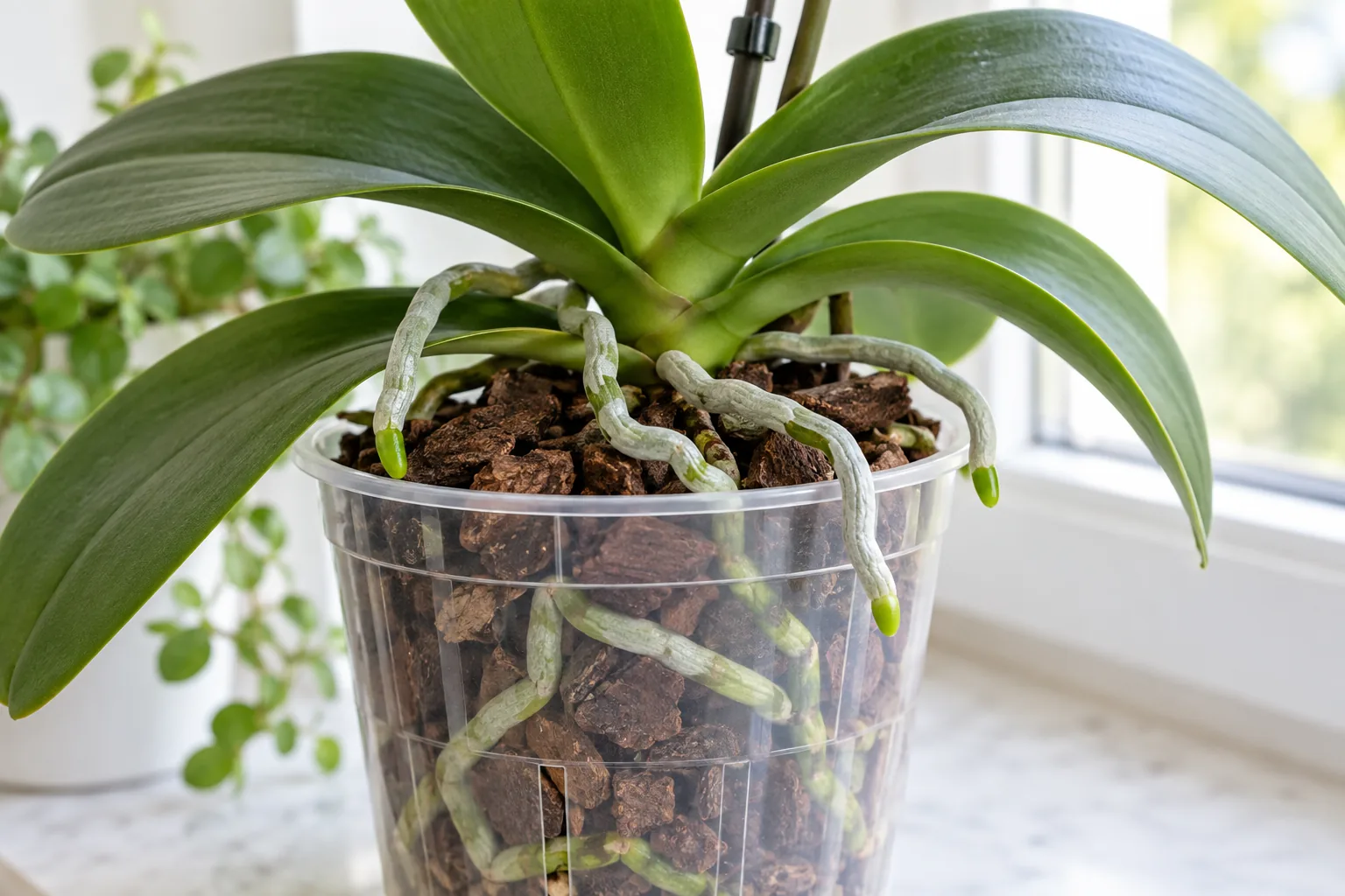 Phalaenopsis v průhledném květináči s kůrou a stříbřitými vzdušnými kořeny přes okraj
