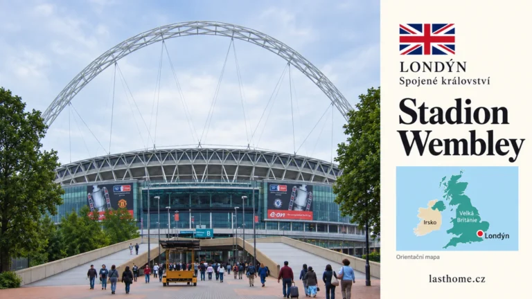 Grafika podle fotografie: Stadion Wembley, Londýn, s vlajkou a orientační mapou.