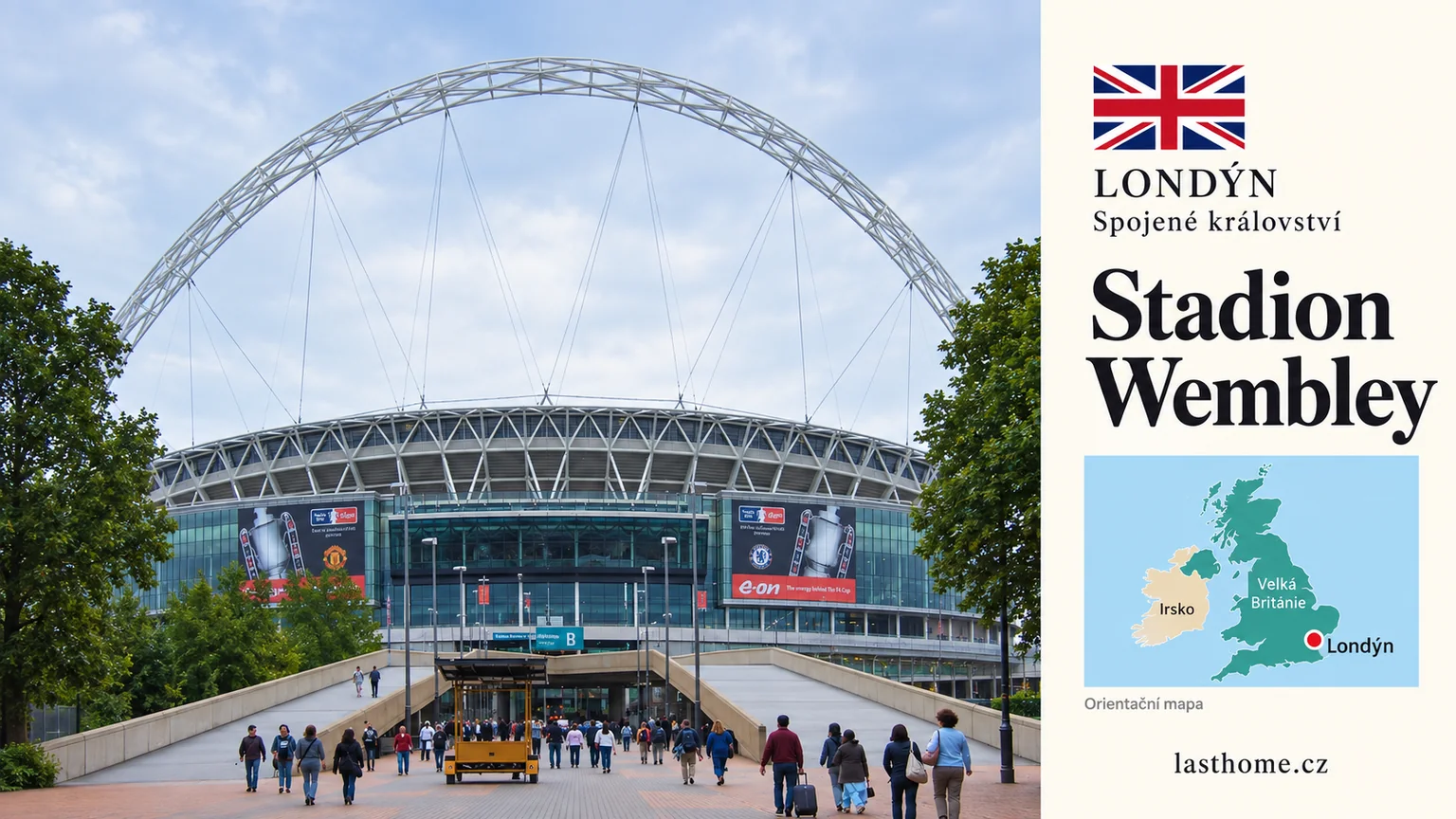 Grafika podle fotografie: Stadion Wembley, Londýn, s vlajkou a orientační mapou.