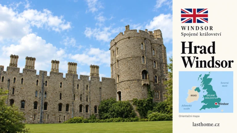 Grafika podle fotografie: Hrad Windsor, Windsor, s vlajkou a orientační mapou.