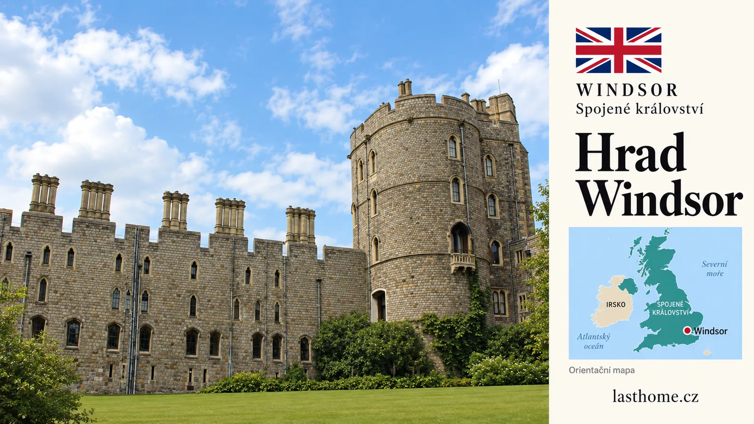 Grafika podle fotografie: Hrad Windsor, Windsor, s vlajkou a orientační mapou.
